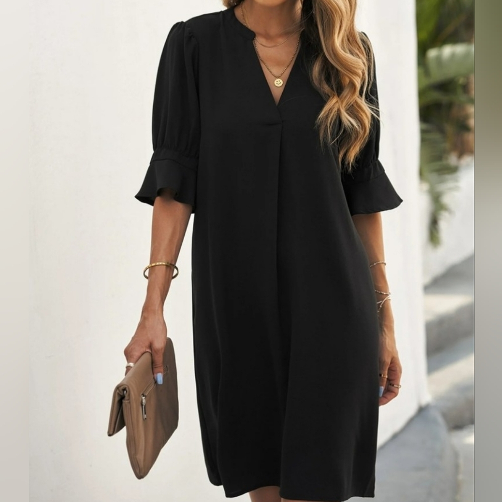 Vee Neck Short Sleeve Tunic Dress Black Size XL